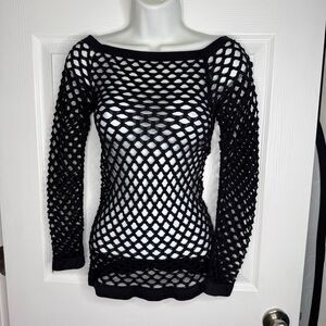 Yummie Zero Mesh Cold Shoulder Long Sleeve Top Black Open Knit Size M